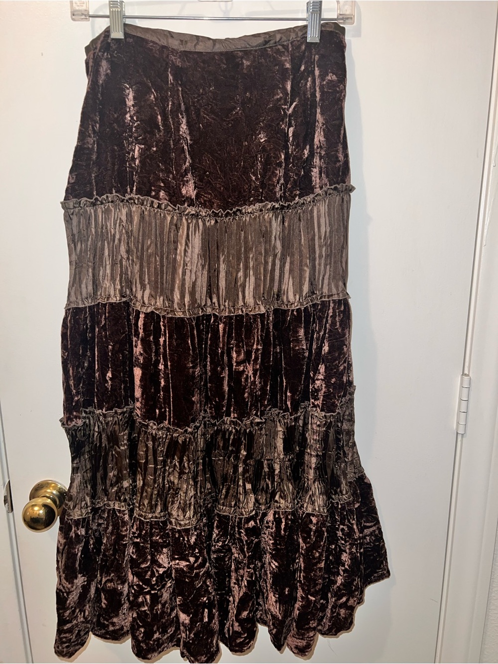 Tiered Velvet and Silk Maxi Skirt in chocolate Brown